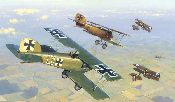 Обои на рабочий стол: 1916год, Albatros, D ID II, DH 2, WW1, английские, арт, воздушный бой, западный, небо, немецкие, рисунок, самолёты, фронт
