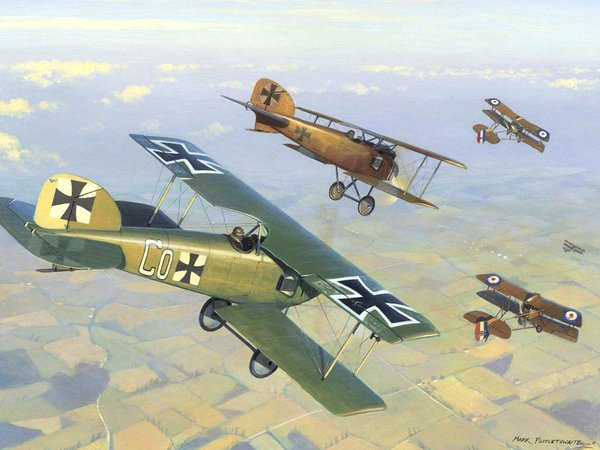 1916год, Albatros, D ID II, DH 2, WW1, английские, арт, воздушный бой, западный, небо, немецкие, рисунок, самолёты, фронт