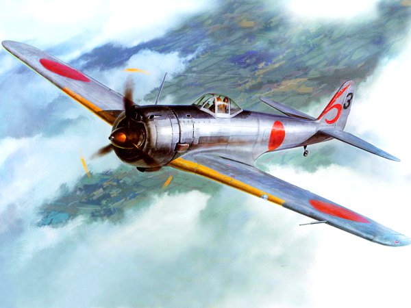 (Тип 1), Nakajima Ki-43 Hayabusa, ww2, армейский, арт, небо, одноместный истребитель, рисунок, японский