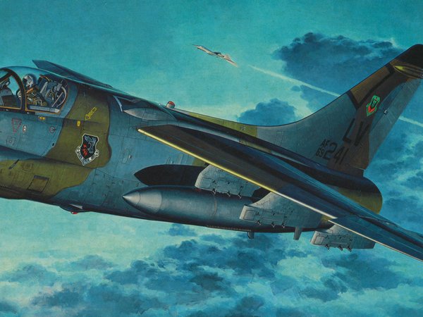 airplane, art, jet, painting, Vought A-7 Corsair II, war