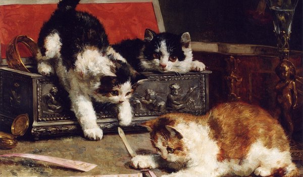 Обои на рабочий стол: kitten, painting, three, ваза, веер, взгляд, картина, котята, краски, мило, рыжий, трое, чёрнобелый, шкатулка