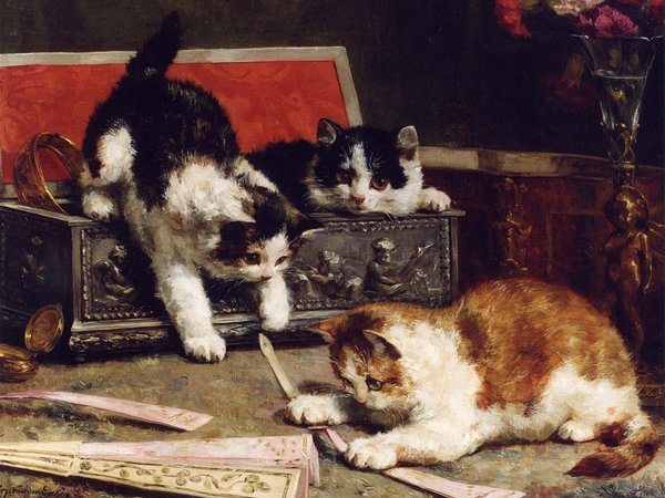 kitten, painting, three, ваза, веер, взгляд, картина, котята, краски, мило, рыжий, трое, чёрнобелый, шкатулка