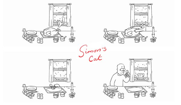 Обои на рабочий стол: simon's cat, индейка, кот саймона, мульт, рождество