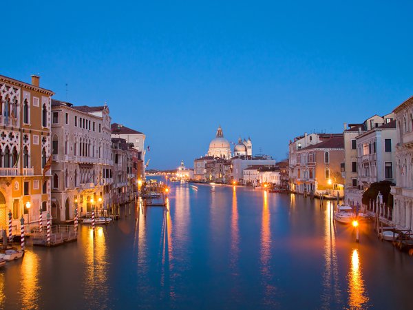 венеция, вечер, дома, италия, канал, огни