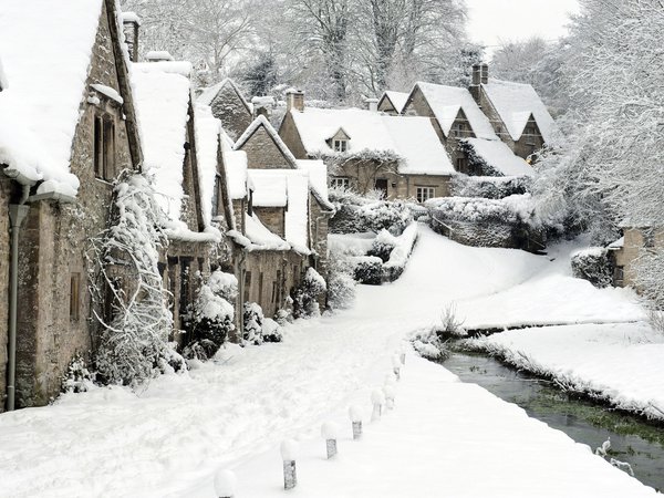 bibury, англия, деревушка, зима, снег