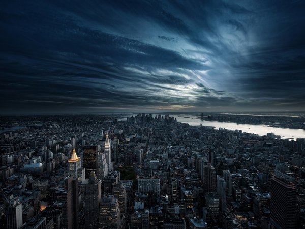new york, америка, вечер, город, здания, небоскребы, ночь, нью йорк, сша, тучи