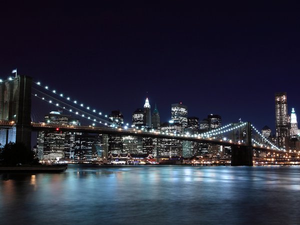 brooklyn bridge, new york, бруклинский мост, город, ночь, нью-йорк, огни