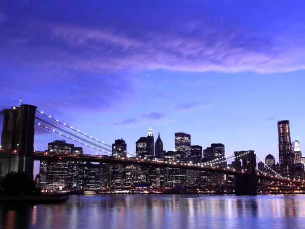 brooklyn bridge, city, new york, бруклинский мост, вечер, город, небо, нью-йорк, облака, огни