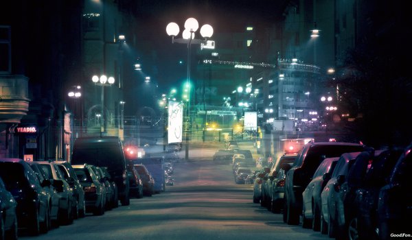Обои на рабочий стол: автомобили, ночной город, улица, фонари