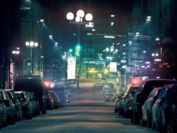 автомобили, ночной город, улица, фонари