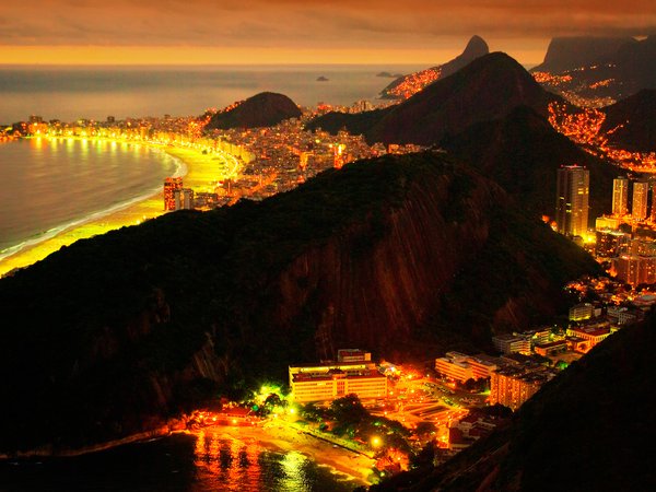 бразилия, город, море, ночь, огни, рио-де-жанейро