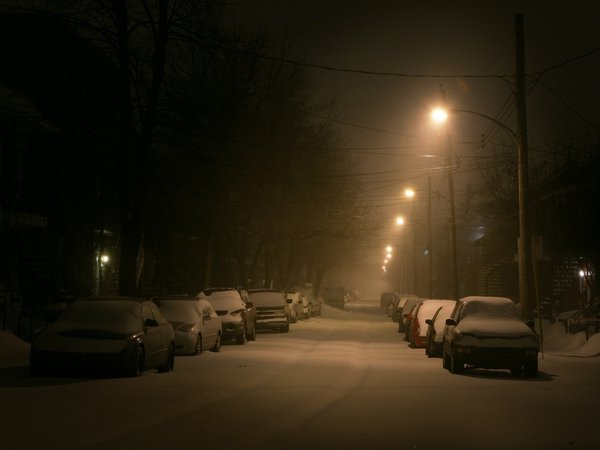 зима, машины, снег, улица, фонарь