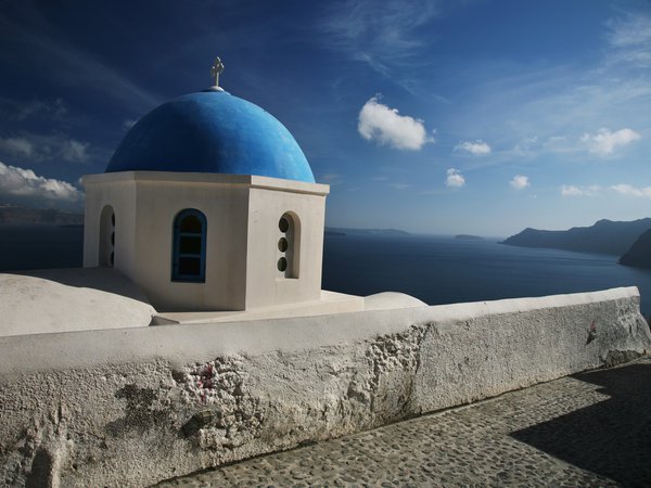 greece, santorini, горы, греция, купол, море, небо, облака, санторини, церковь