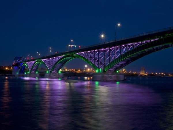 peace bridge, город, залив, мост, ночь, огни