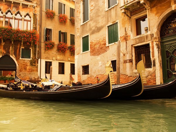 венеция, вода, гондолы, дома, италия, окна, цветы