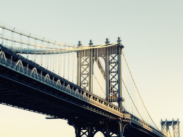 manhattan bridge, moonrise, new york city, nyc, usa, нью-йорк