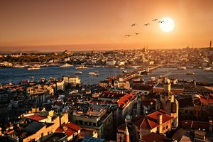 Обои на рабочий стол: city, istanbul, scenery, turkey, архитектура, вечер, город, закат, здания, панорама, стамбул