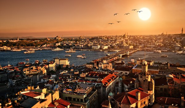 Обои на рабочий стол: city, istanbul, scenery, turkey, архитектура, вечер, город, закат, здания, панорама, стамбул