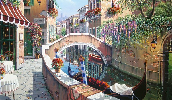 Обои на рабочий стол: Bob Pejman, italy, painting, Passage to San Marco, San Marco, venice, венеция, гондола, живопись, италия, канал, лето, район Венеции, Сан-Марко, цветы