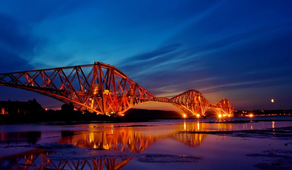 Обои на рабочий стол: вечер, город, закат, мост, огни, отражение, шотландия