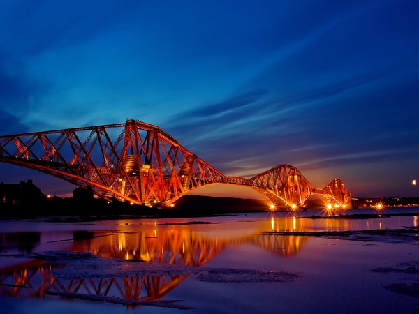 вечер, город, закат, мост, огни, отражение, шотландия