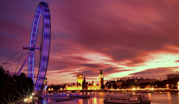 Обои на рабочий стол: capital, england, great britain, london, london eye, river, Thames, англия, архитектура, великобритания, вечер, колесо обозрения, лондон, набережная, огни, подсветка, река, столица, темза