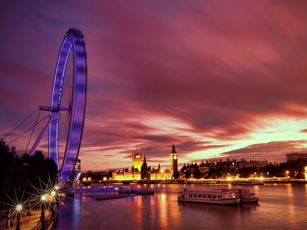 capital, england, great britain, london, london eye, river, Thames, англия, архитектура, великобритания, вечер, колесо обозрения, лондон, набережная, огни, подсветка, река, столица, темза