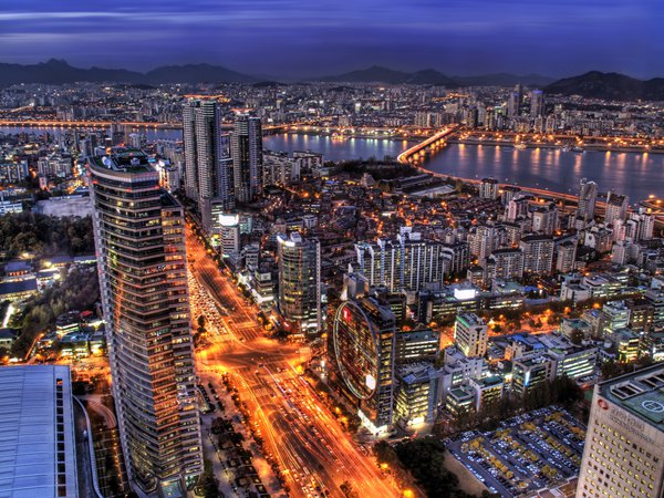 capital, Seoul, South Korea, вечер, небо, небоскребы, огни, подсветка, Сеул, синее, столица, южная корея