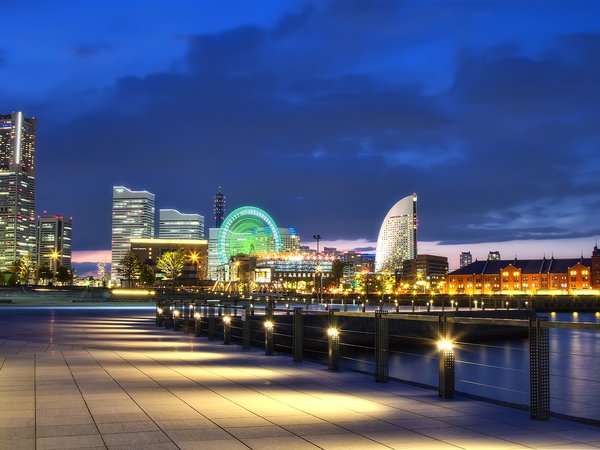 japan, Yokohama, залив, Йокогама, мегаполис, набережная, ночь, огни, порт, япония