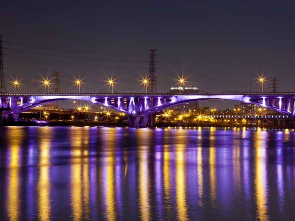bridge, china, city, lights, night, reflection, river, Taipei, Taiwan, китай, мост, ночь, огни, отражение, подсветка, река, Тайбэй, Тайвань