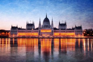 Обои на рабочий стол: Будапешт, Венгрия, Дунай, ночь, огни, отражение, парламент, подсветка, река