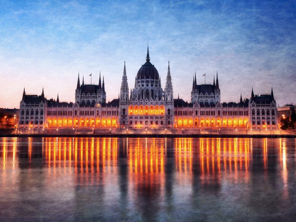 Будапешт, Венгрия, Дунай, ночь, огни, отражение, парламент, подсветка, река