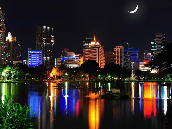 Bangkok, Thailand, бангкок, вода, город, дома, месяц, ночь, огни, отражение, таиланд