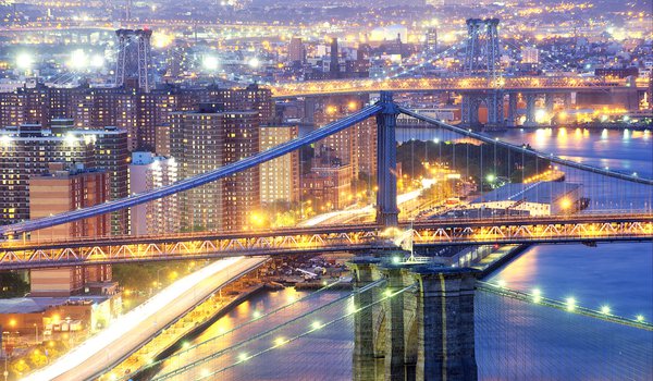 Обои на рабочий стол: new york, бруклин, выдержка, город, манхеттен, мосты, ночь, нью-йорк, огни, сша
