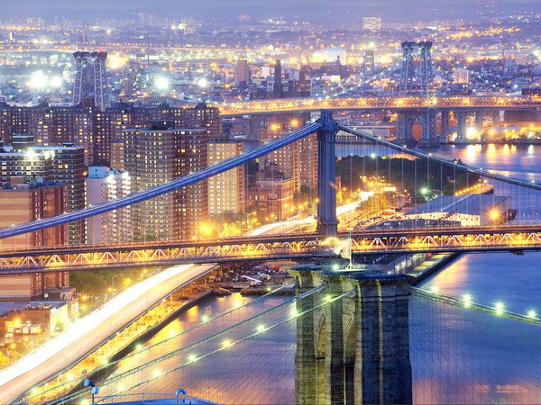 new york, бруклин, выдержка, город, манхеттен, мосты, ночь, нью-йорк, огни, сша
