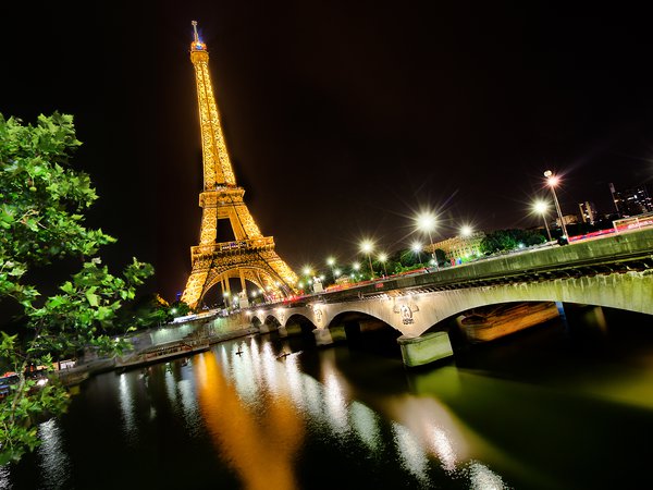 eiffel tower, france, La tour Eiffel, paris, город, мост, ночь, париж, река, свет, Сена, франция, эйфелева башня
