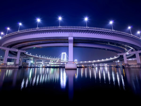 залив, мост, ночь, огни, отражение, подсветка, столица, токио, фонари, япония