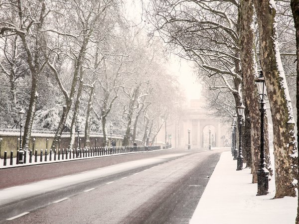 england, london, англия, деревья, дорога, зима, лондон, снег, фонари