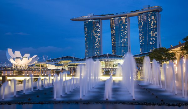 Обои на рабочий стол: architecture, blue, fountains, Gardens By the Bay, lights, night, Singapore, sky, skyscrapers, архитектура, город-государство, мегаполис, небо, небоскребы, ночь, огни, подсветка, сингапур, синее, фонтаны