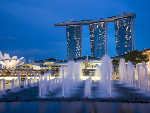 architecture, blue, fountains, Gardens By the Bay, lights, night, Singapore, sky, skyscrapers, архитектура, город-государство, мегаполис, небо, небоскребы, ночь, огни, подсветка, сингапур, синее, фонтаны