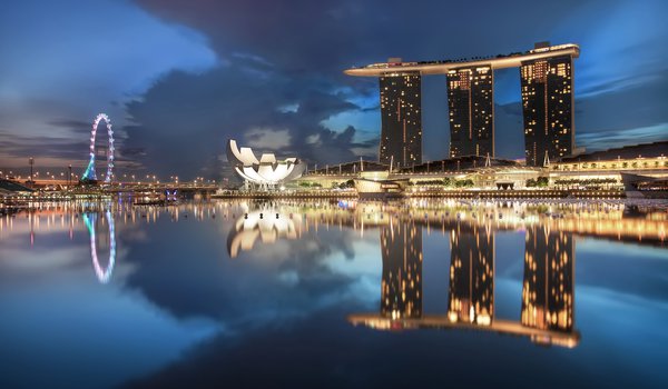 Обои на рабочий стол: architecture, blue, clouds, Gardens By the Bay, lights, night, Singapore, sky, skyscrapers, архитектура, город-государство, мегаполис, небо, небоскребы, ночь, облака, огни, подсветка, сингапур, синее
