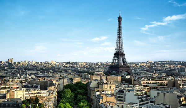 Обои на рабочий стол: france, La tour Eiffel, paris, архитектура, город, деревья, дома, здания, панорама, париж, утро, франция, эйфелева башня