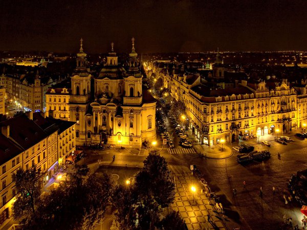 Czech Republic, Praga, в, город, города, историческом, красивой, ночь, освещенена, подсветкой., прага, расположенная, староместская площадь, центре, чехия