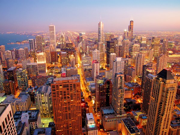 chicago, city, morning, город, небоскребы, рассвет