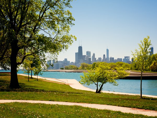 chicago, Illinois, usa, америка, высотки, здания, небо, небоскребы, парк, сша, чикаго