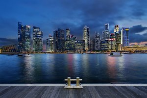 Обои на рабочий стол: architecture, blue sky, clouds, Gardens By the Bay, lights, night, Singapore, skyscrapers, архитектура, город-государство, залив, мегаполис, небоскребы, ночь, облака, огни, подсветка, сингапур, синее небо