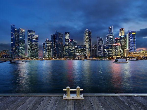 architecture, blue sky, clouds, Gardens By the Bay, lights, night, Singapore, skyscrapers, архитектура, город-государство, залив, мегаполис, небоскребы, ночь, облака, огни, подсветка, сингапур, синее небо