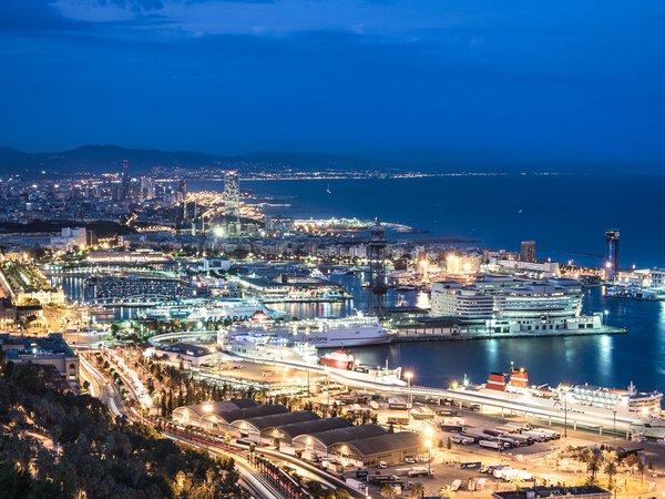 barcelona, Harbour, night, panorama, spain, барселона, испания, море, набережная, ночь, панорама