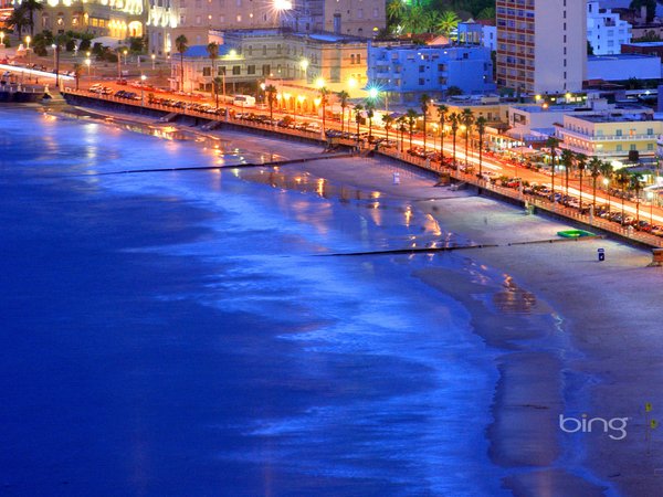 берег, вечер, дома, море, огни, Пириаполис, Уругвай