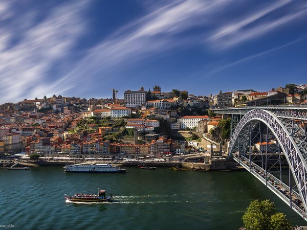 Dom Luís I Bridge, Douro River, porto, Portugal, дома, здания, лодка, мост, Понти-ди-Дон-Луиш I, Порту, Португалия, река, Река Дуэро